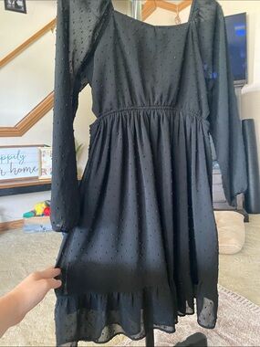 Black Swiss Dot Long Sleeve Kids Dress